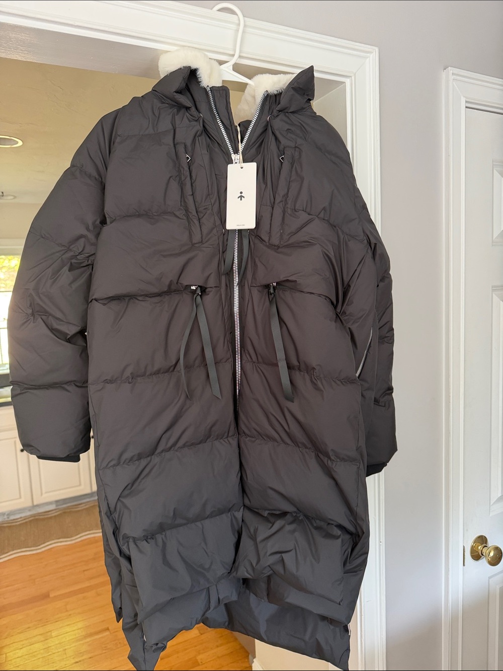 OLAY Black Long Quilted Puffer Coat with Faux Shearling Hood